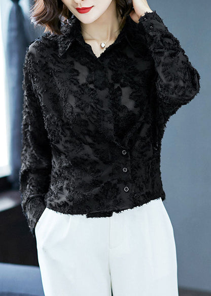 Simple Black Peter Pan Collar Patchwork Lace Shirt Top Spring TP1060 - fabuloryshop