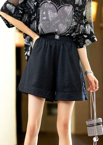 Simple Black Pockets Elastic Waist Patchwork Cotton Shorts Summer Ada Fashion