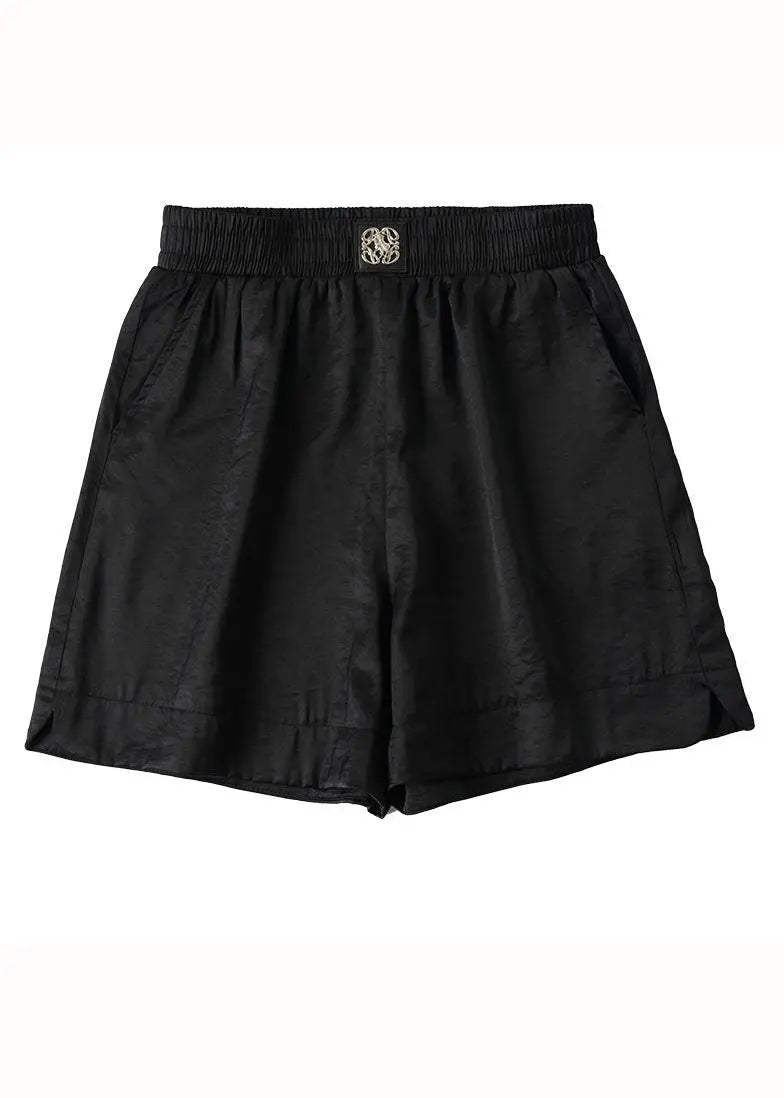 Simple Black Pockets Elastic Waist Patchwork Cotton Shorts Summer Ada Fashion