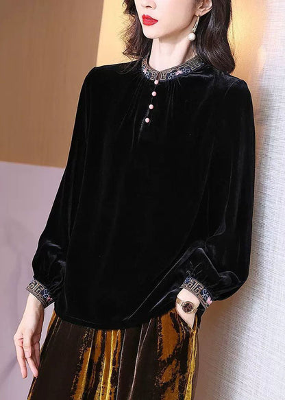 Simple Black Stand Collar Embroideried Silk Velour Top Spring LY2252 - fabuloryshop