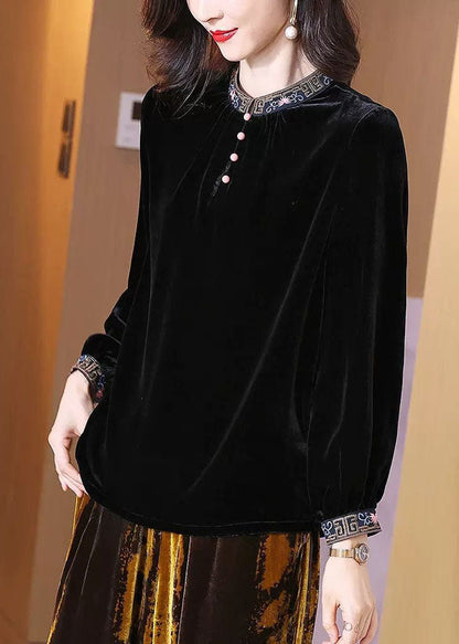 Simple Black Stand Collar Embroideried Silk Velour Top Spring LY2252 - fabuloryshop