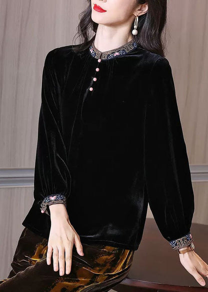 Simple Black Stand Collar Embroideried Silk Velour Top Spring LY2252 - fabuloryshop