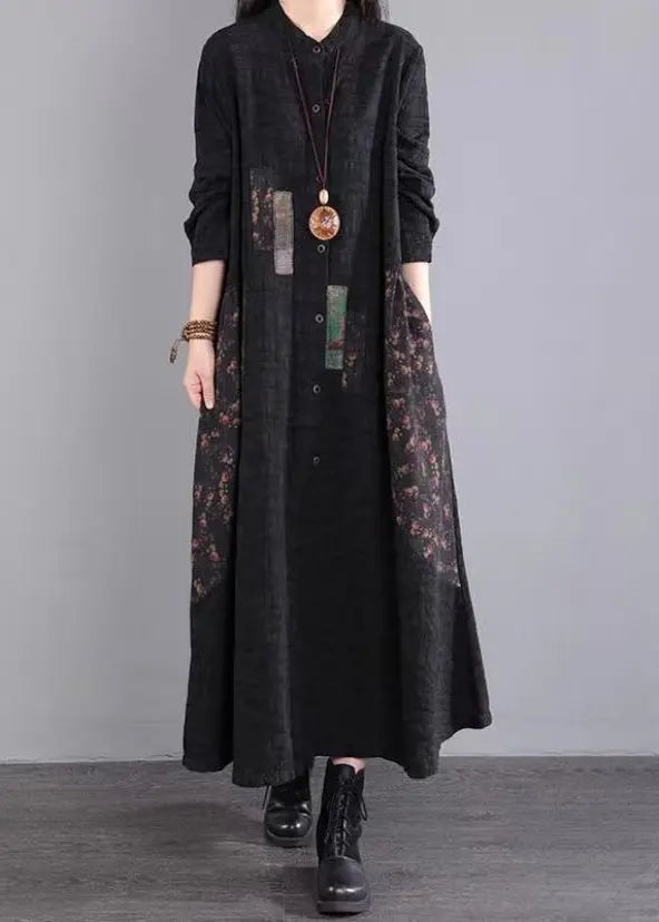 Simple Black Stand Collar Print Button Patchwork Cotton Dress Fall Ada Fashion