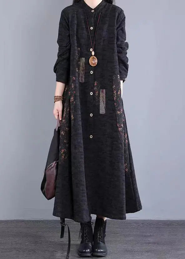 Simple Black Stand Collar Print Button Patchwork Cotton Dress Fall Ada Fashion