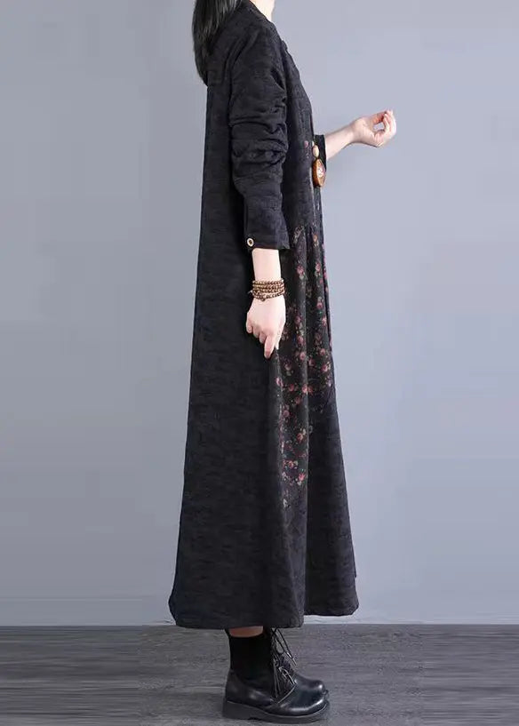 Simple Black Stand Collar Print Button Patchwork Cotton Dress Fall Ada Fashion