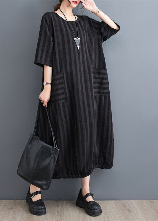 Simple Black Striped Pockets Patchwork Cotton Dresses Summer LY5268 - fabuloryshop