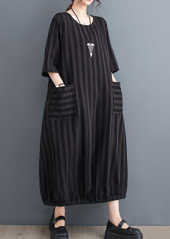 Simple Black Striped Pockets Patchwork Cotton Dresses Summer LY5268 - fabuloryshop