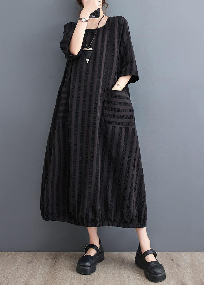 Simple Black Striped Pockets Patchwork Cotton Dresses Summer LY5268 - fabuloryshop