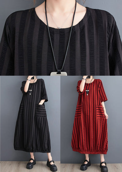 Simple Black Striped Pockets Patchwork Cotton Dresses Summer LY5268 - fabuloryshop