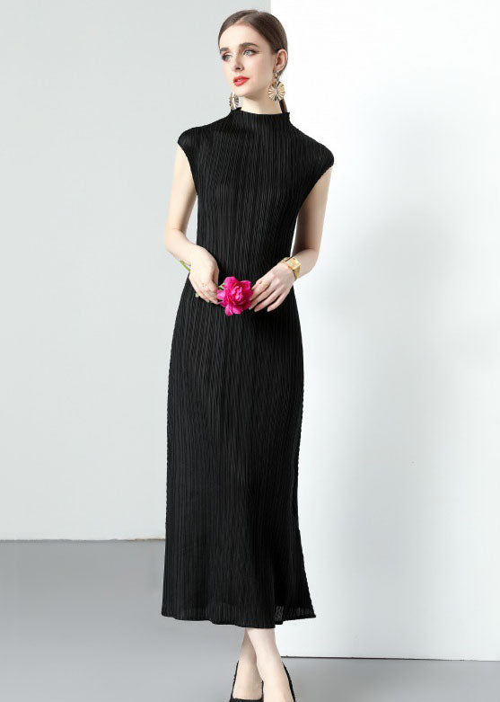 Simple Black Turtleneck Wrinkled Patchwork Chiffon Long Dresses Sleeveless LY7411 - fabuloryshop