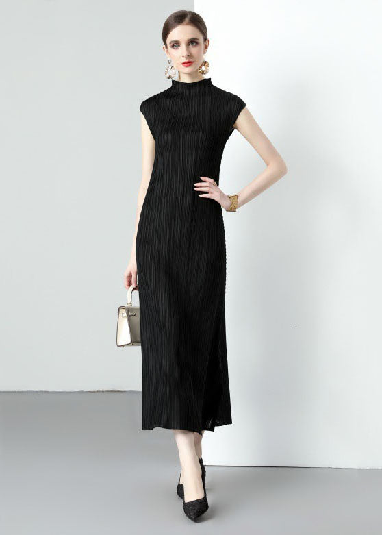 Simple Black Turtleneck Wrinkled Patchwork Chiffon Long Dresses Sleeveless LY7411 - fabuloryshop