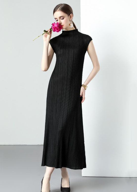 Simple Black Turtleneck Wrinkled Patchwork Chiffon Long Dresses Sleeveless LY7411 - fabuloryshop