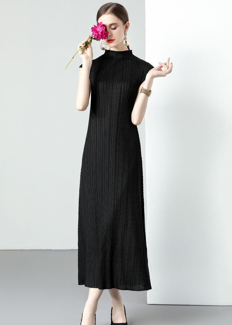 Simple Black Turtleneck Wrinkled Patchwork Chiffon Long Dresses Sleeveless LY7411 - fabuloryshop