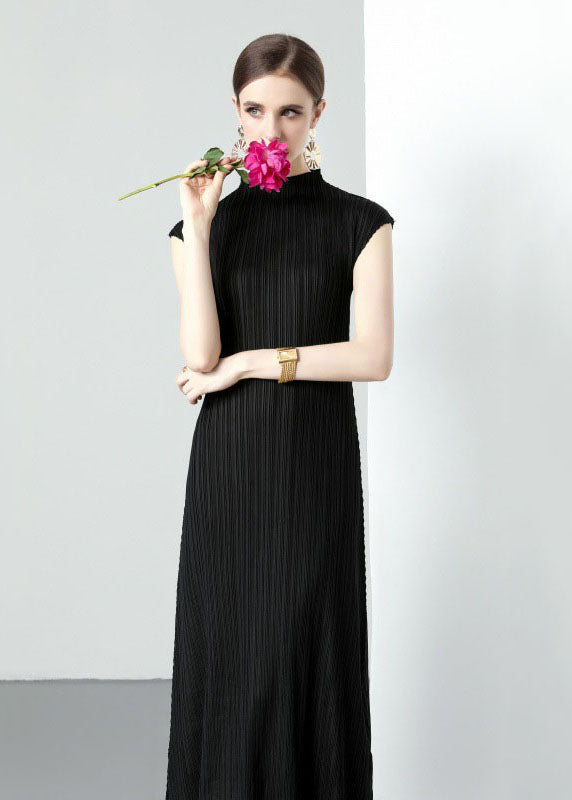 Simple Black Turtleneck Wrinkled Patchwork Chiffon Long Dresses Sleeveless LY7411 - fabuloryshop