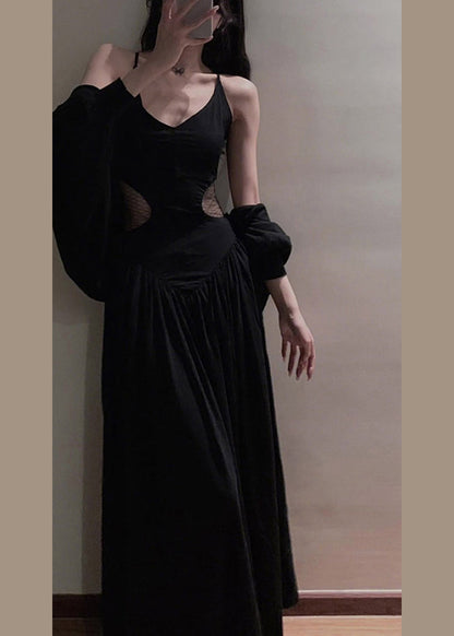 Simple Black V Neck Cotton Cardigans And Long Slip Dress Two Piece Set Summer LY2700 - fabuloryshop