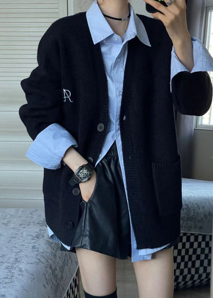 Simple Black V Neck Knit Cardigans And Blue Shirts Two Piece Set Fall Ada Fashion