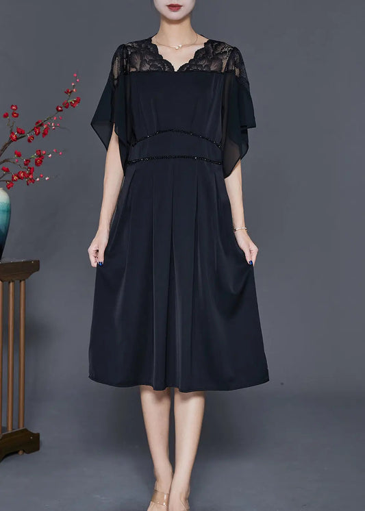 Simple Black V Neck Patchwork Chiffon Vacation Dresses Summer Ada Fashion