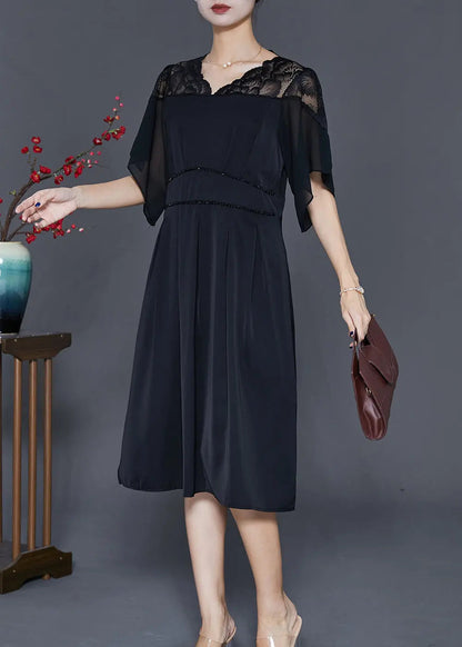 Simple Black V Neck Patchwork Chiffon Vacation Dresses Summer Ada Fashion