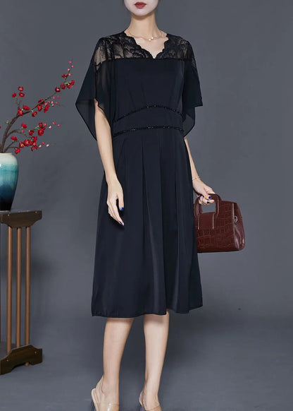 Simple Black V Neck Patchwork Chiffon Vacation Dresses Summer Ada Fashion