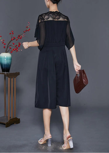 Simple Black V Neck Patchwork Chiffon Vacation Dresses Summer Ada Fashion