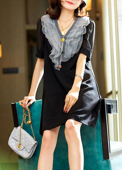 Simple Black V Neck Ruffled Patchwork Chiffon Dresses Summer LY3859 - fabuloryshop