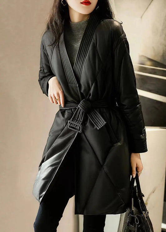 Simple Black V Neck Tie Waist Patchwork Sheepskin Duck Down Coat Winter Ada Fashion