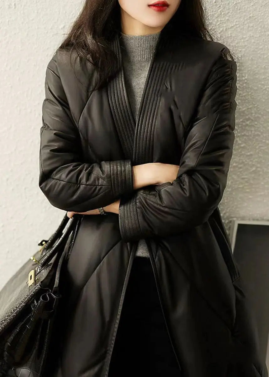 Simple Black V Neck Tie Waist Patchwork Sheepskin Duck Down Coat Winter Ada Fashion