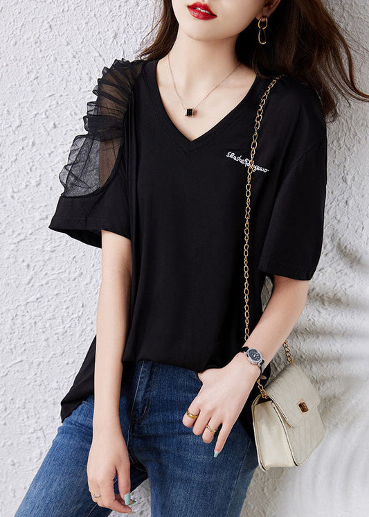 Simple Black V Neck Tulle Patchwork Cotton T Shirt Top Summer TQ1043 - fabuloryshop