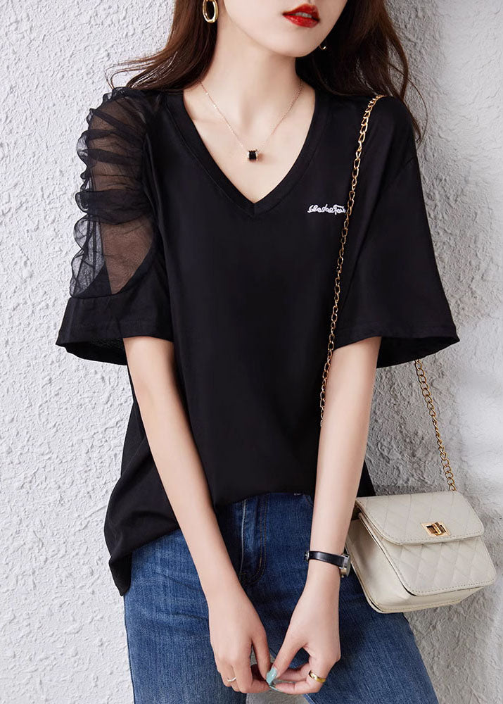 Simple Black V Neck Tulle Patchwork Cotton T Shirt Top Summer TQ1043 - fabuloryshop