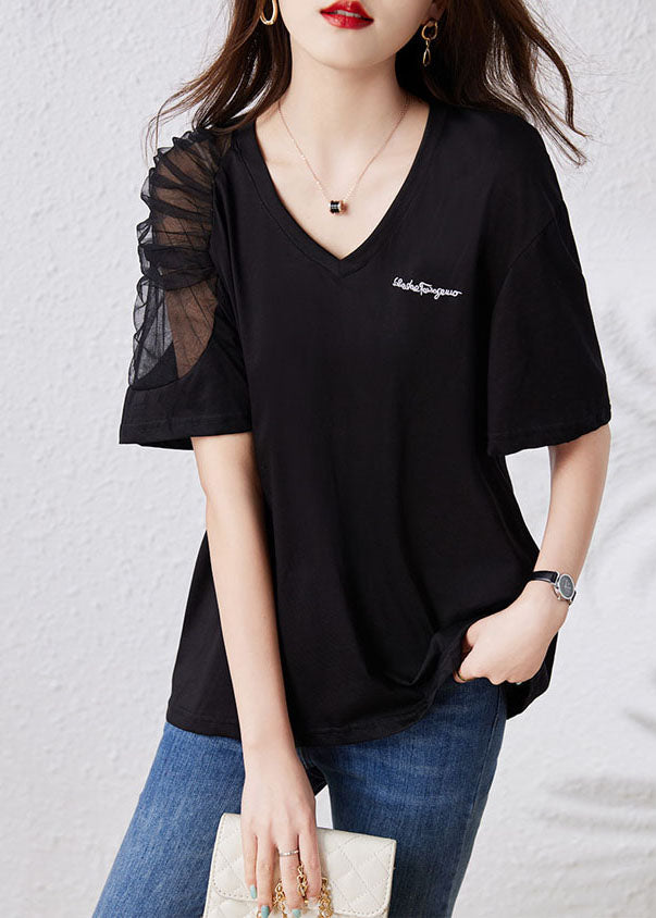 Simple Black V Neck Tulle Patchwork Cotton T Shirt Top Summer TQ1043 - fabuloryshop