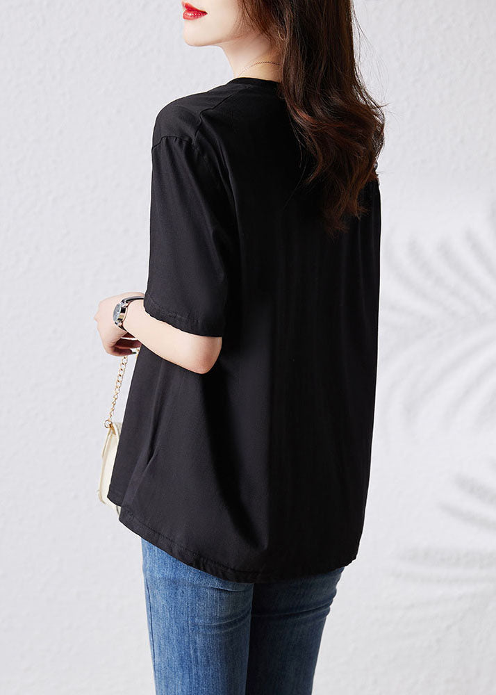Simple Black V Neck Tulle Patchwork Cotton T Shirt Top Summer TQ1043