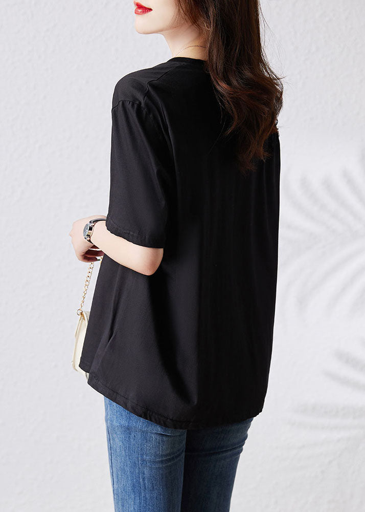 Simple Black V Neck Tulle Patchwork Cotton T Shirt Top Summer TQ1043 - fabuloryshop