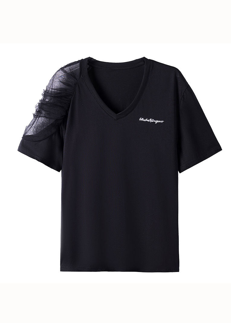 Simple Black V Neck Tulle Patchwork Cotton T Shirt Top Summer TQ1043