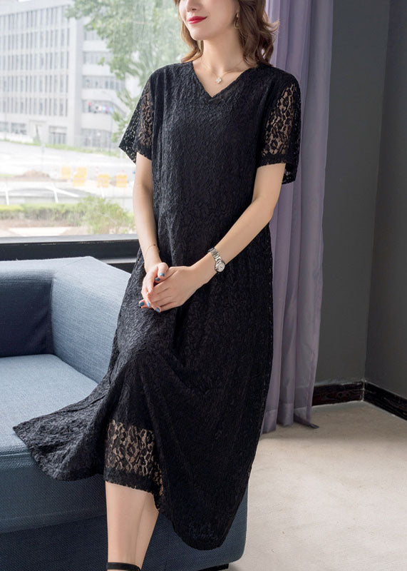 Simple Black V Neck Wrinkled Patchwork Lace Dresses Summer Ada Fashion