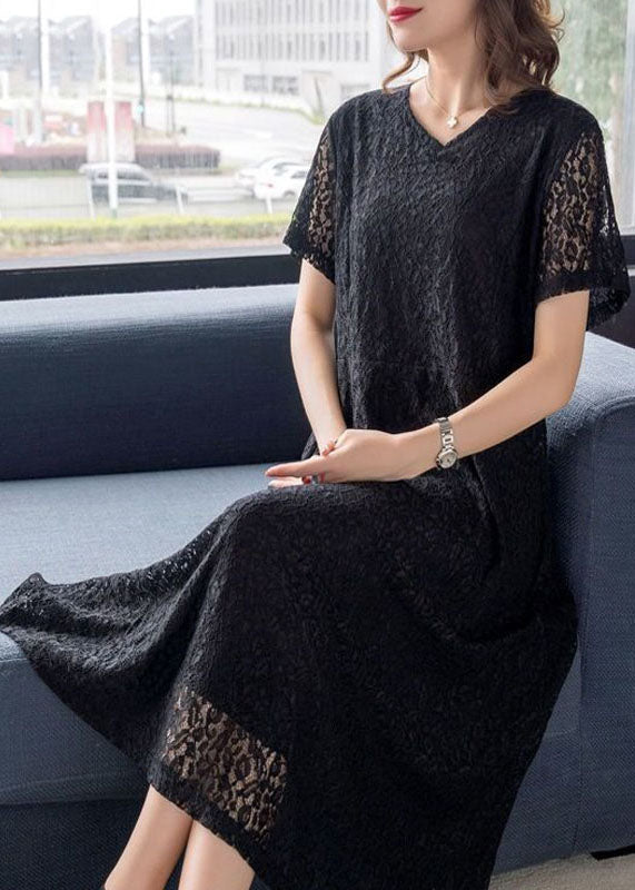 Simple Black V Neck Wrinkled Patchwork Lace Dresses Summer Ada Fashion