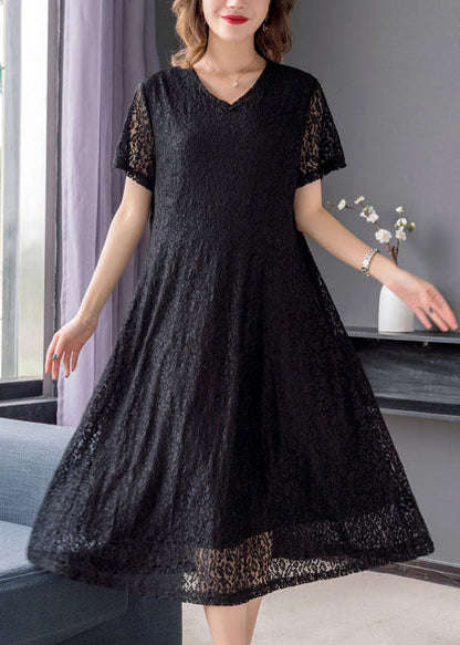 Simple Black V Neck Wrinkled Patchwork Lace Dresses Summer Ada Fashion