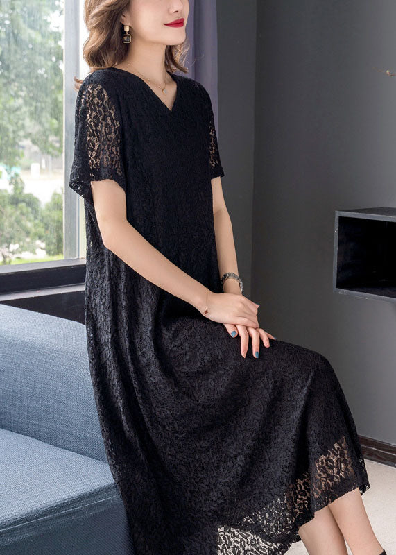 Simple Black V Neck Wrinkled Patchwork Lace Dresses Summer Ada Fashion