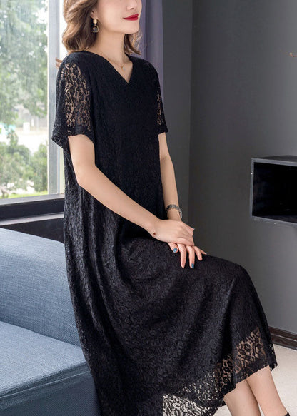 Simple Black V Neck Wrinkled Patchwork Lace Dresses Summer Ada Fashion