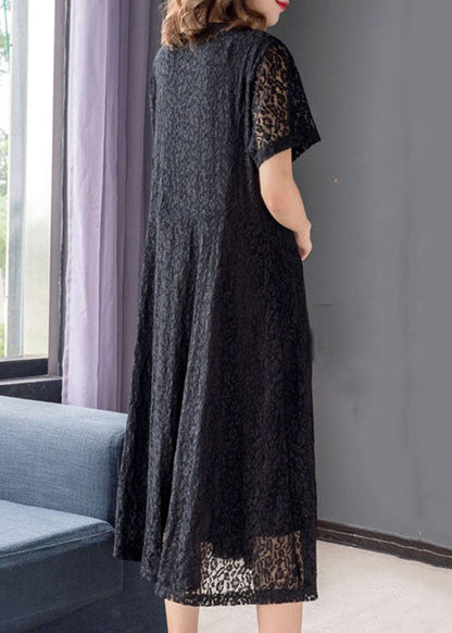 Simple Black V Neck Wrinkled Patchwork Lace Dresses Summer Ada Fashion