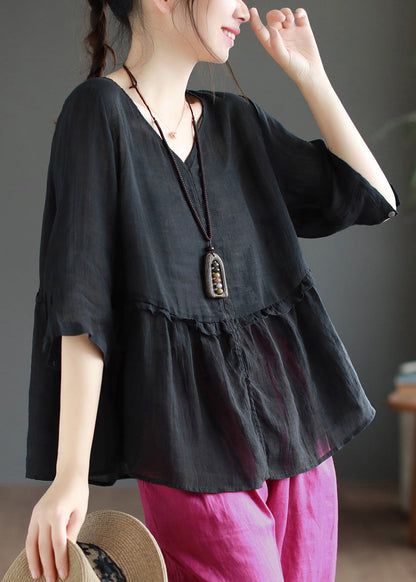 Simple Black V Neck Wrinkled Patchwork Linen Blouse Top Summer Ada Fashion