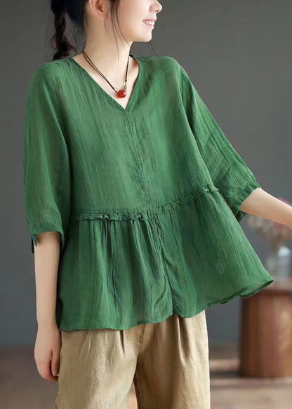 Simple Black V Neck Wrinkled Patchwork Linen Blouse Top Summer Ada Fashion