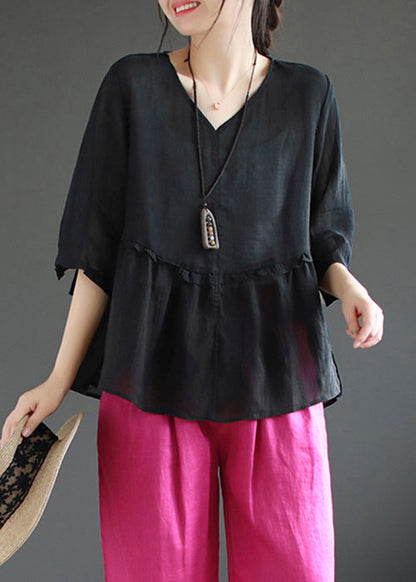 Simple Black V Neck Wrinkled Patchwork Linen Blouse Top Summer Ada Fashion