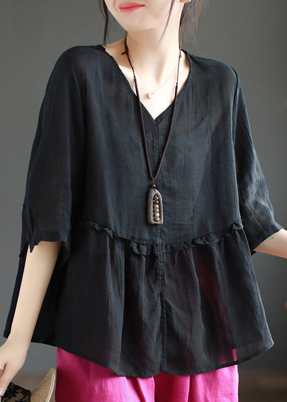 Simple Black V Neck Wrinkled Patchwork Linen Blouse Top Summer Ada Fashion