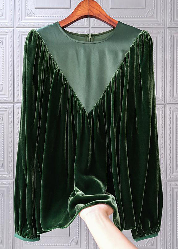 Simple Blackish Green O Neck Wrinkled Patchwork Silk Velour Top Fall Ada Fashion