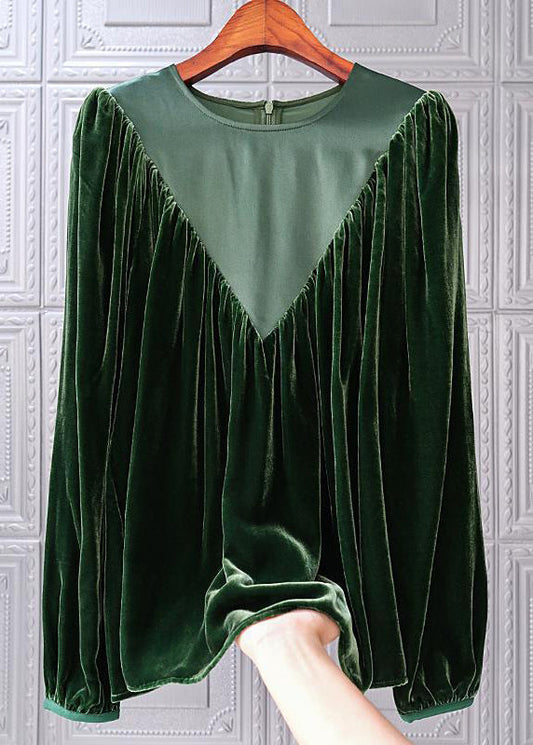 Simple Blackish Green O Neck Wrinkled Patchwork Silk Velour Top Fall Ada Fashion