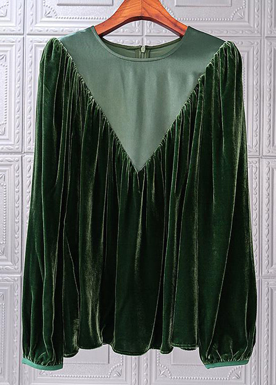 Simple Blackish Green O Neck Wrinkled Patchwork Silk Velour Top Fall Ada Fashion