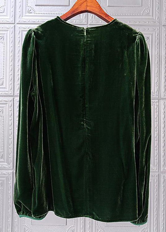 Simple Blackish Green O Neck Wrinkled Patchwork Silk Velour Top Fall Ada Fashion