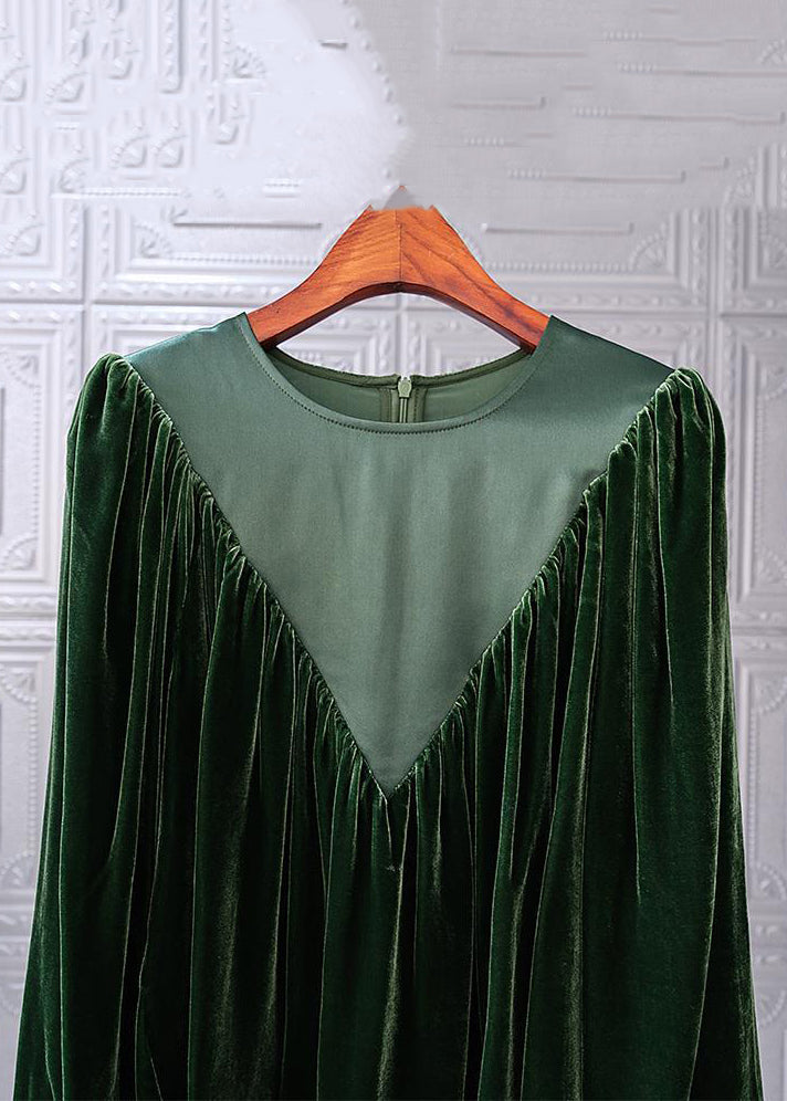 Simple Blackish Green O Neck Wrinkled Patchwork Silk Velour Top Fall Ada Fashion