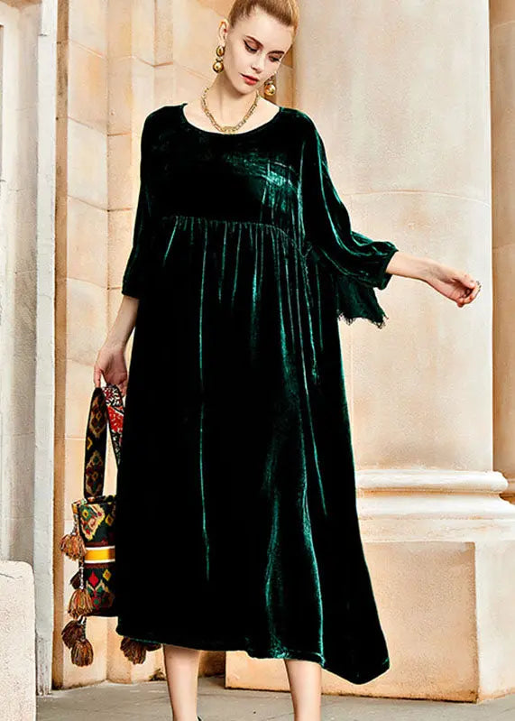 Simple Blackish Green O-Neck Wrinkled Patchwork Silk Velvet Long Dresses Fall Ada Fashion