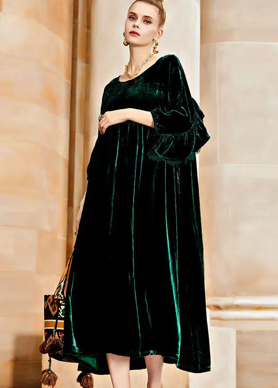 Simple Blackish Green O-Neck Wrinkled Patchwork Silk Velvet Long Dresses Fall Ada Fashion